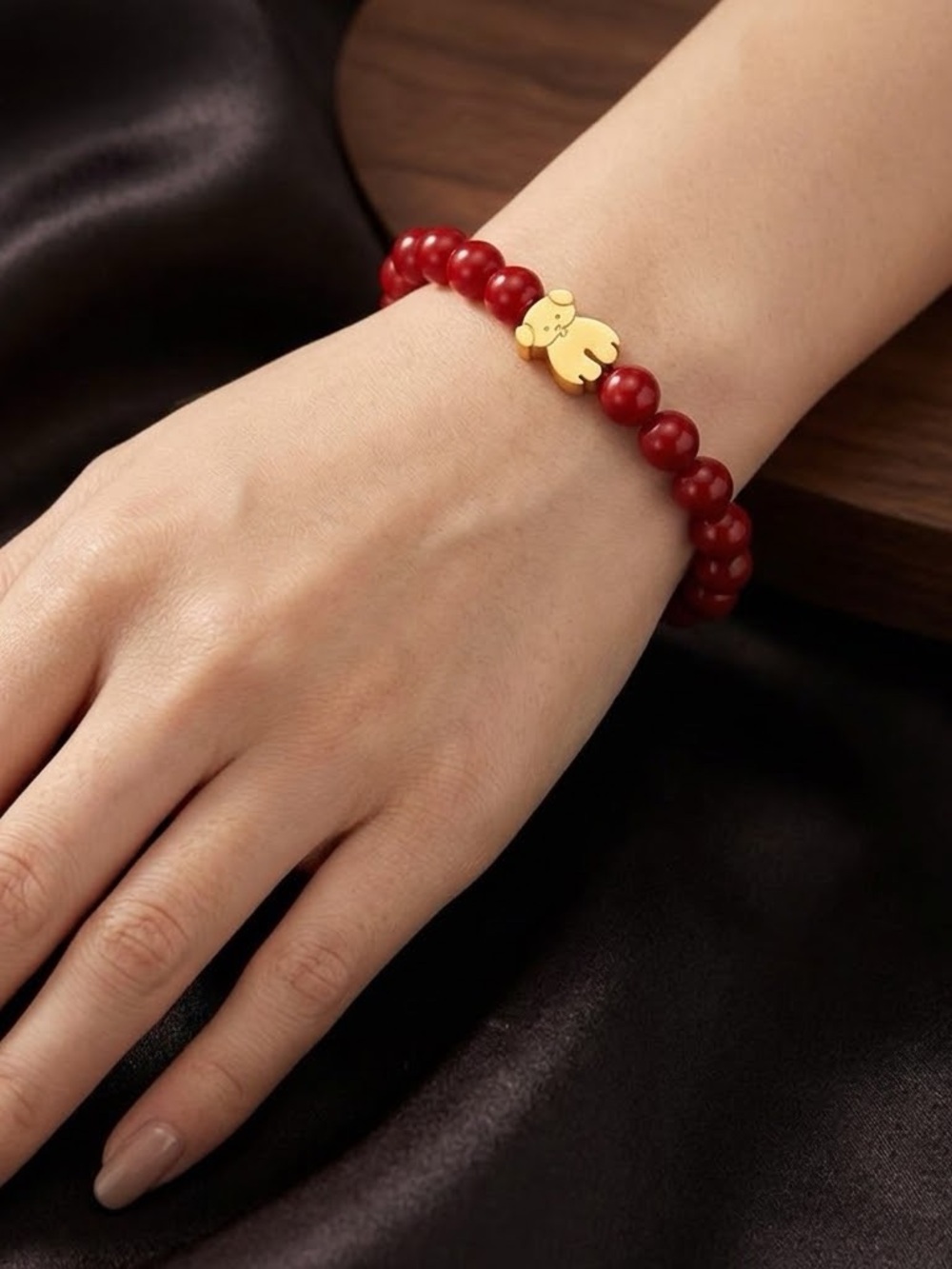 Red Beaded Bracelet with Gold Bear Accent - Women Jewelry